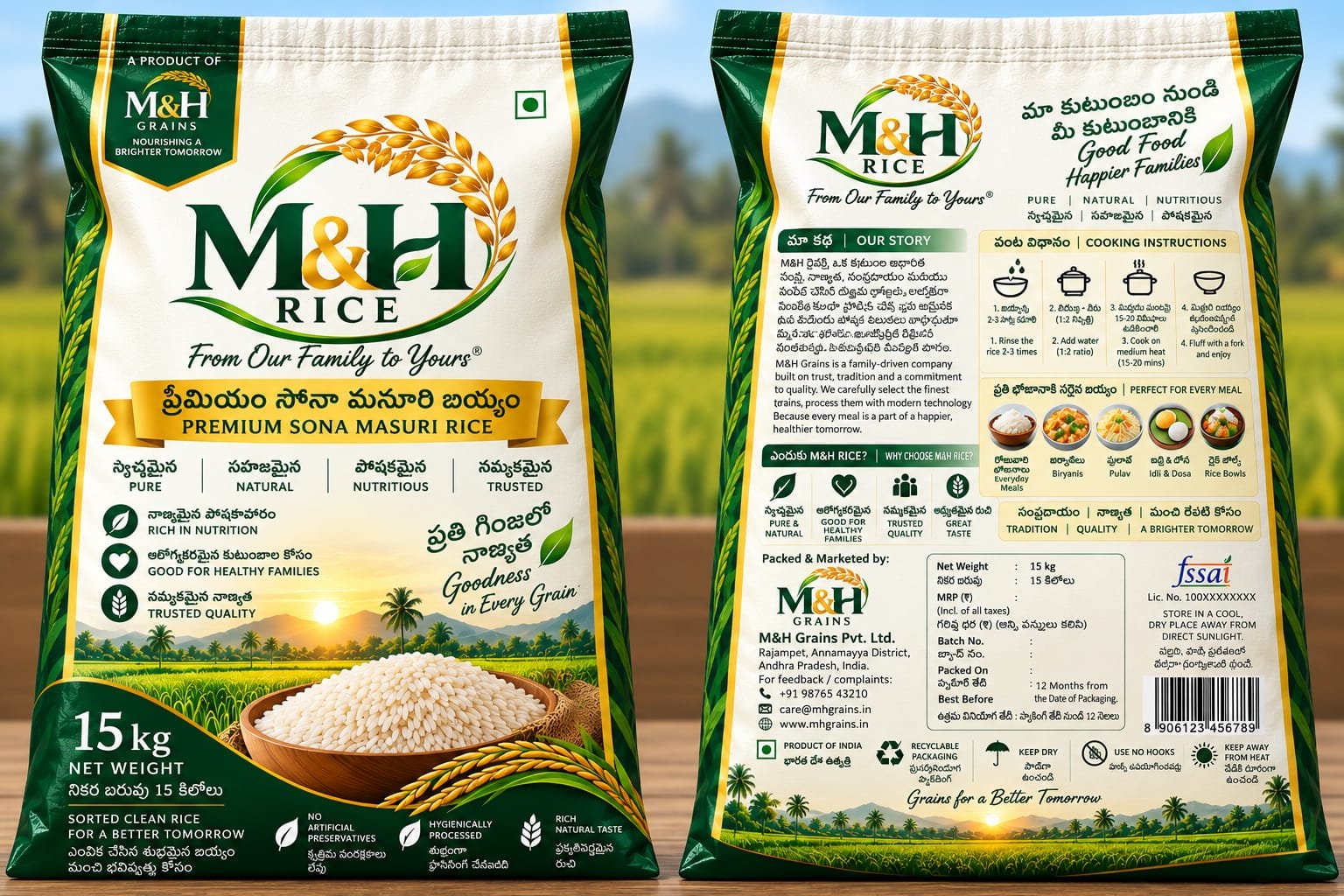 M&H Rice Premium Sona Masuri 15 kg front and back packaging