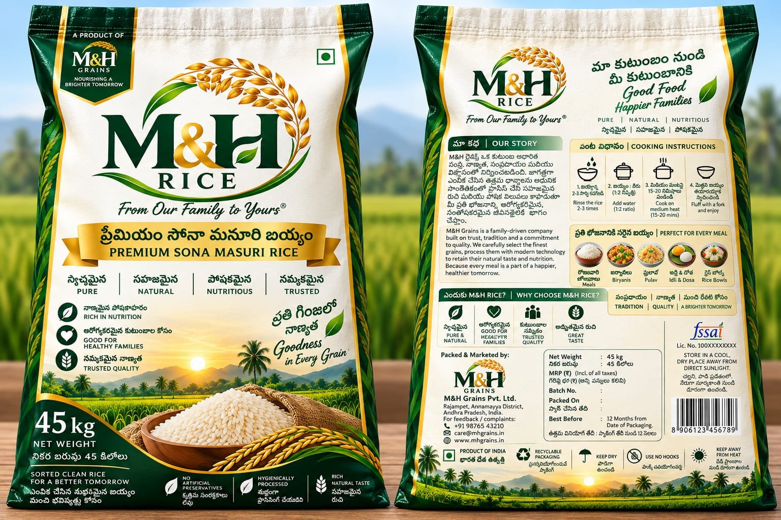 M&H Rice Premium Sona Masuri 45 kg front and back packaging