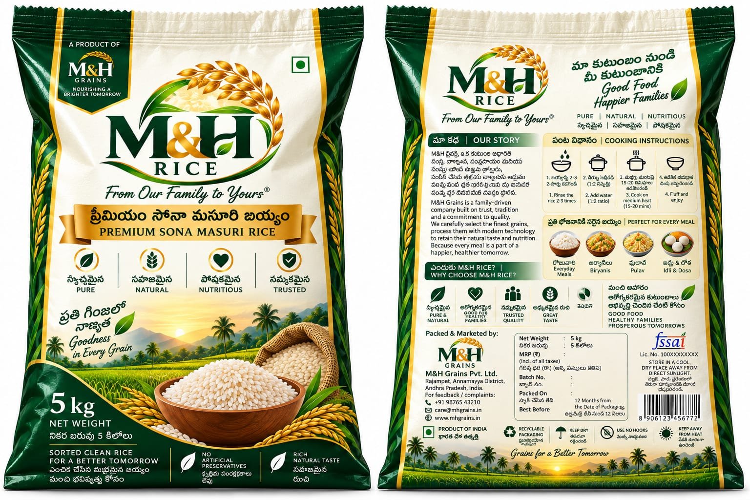 M&H Rice Premium Sona Masuri 5 kg front and back packaging